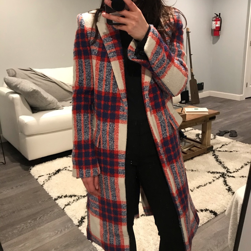 Zara midi coat red and blue plaid